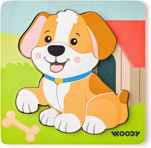 Woody Baby Steckpuzzle aus Holz Hündchen auf einem Brett (5 Teile) – 1 Stück