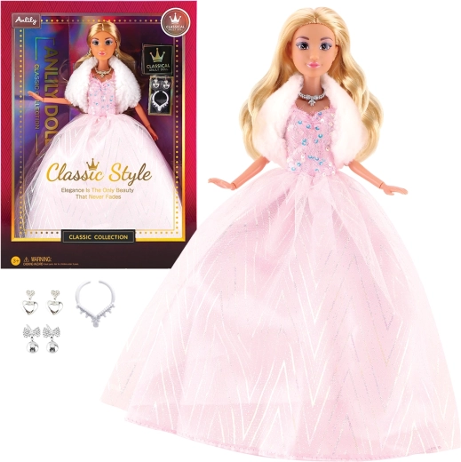 Modepuppe im eleganten, hellrosa Abendkleid