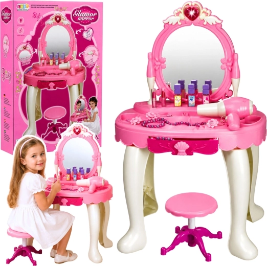 Kinder-Schminktisch mit Spiegel, Licht- und Soundeffekten, mit Hocker und Föhn (rosa)
