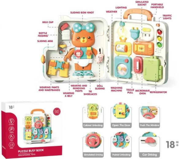 Activity-Board in Bärenform – hölzernes Lernspielzeug zur Förderung der Motorik