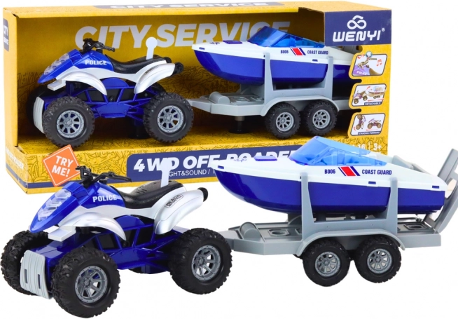 Polizeiquad mit Anhänger und Motorboot