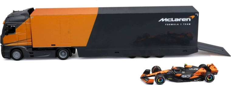 Bburago Racing Hauler – Zugmaschine mit Anhänger und Formel 1 McLaren MCL38 2024 Lando Norris 1:43