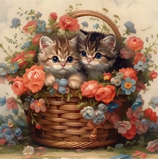 Malen nach Zahlen Katzen in einem Korb mit Blumen 40 × 50 cm