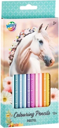 Pastell-Buntstifte mit Motiv eines weißen Pferdes – Set mit 12 Stück