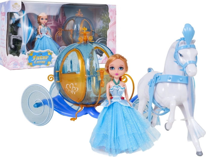 Blaue Märchenkutsche mit weißem Pferd und kleiner Prinzessinnenpuppe – 1 Stück