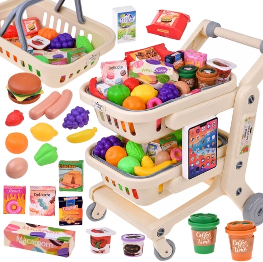 Kinder-Einkaufswagen 2-in-1 mit Lebensmitteln und interaktivem Tablet