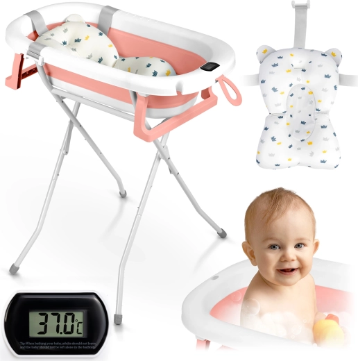 Faltbare Babybadewanne mit Ständer, Thermometer und Einlage RICOKIDS weiß‑rosa