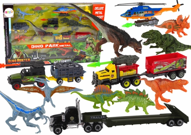 Großes Dinosaurierset mit Hubschrauber und Fahrzeugen