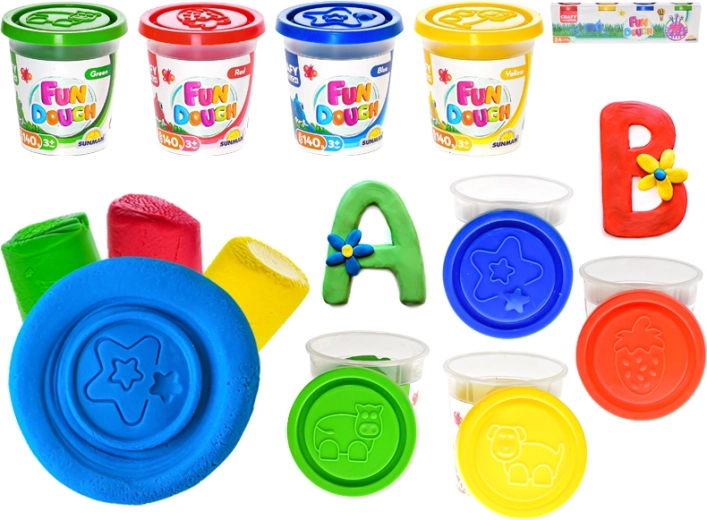 Kreative Knetmasse in Bechern 4×140 g mit Schablonen im Deckel