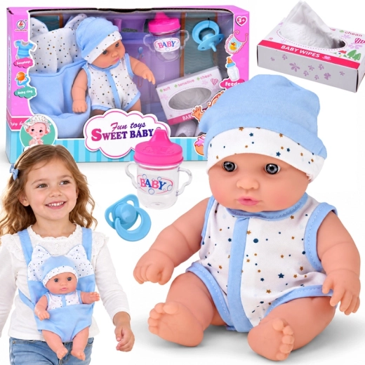 Baby-Puppe 20 cm in Trage mit Schnuller, Fläschchen und Zubehör