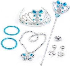 Prinzessinnen-Set mit Krone, Armbändern und Ohrringen – blau