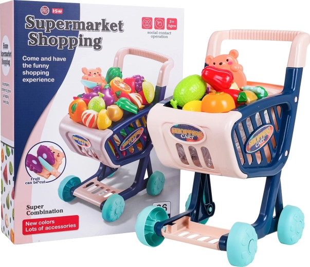 Kinder-Einkaufswagen mit Lebensmitteln und Zubehör, blau