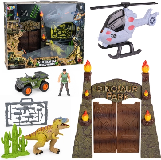 Dino-Park-Basis mit Tor, Helikopter, Quad und Figuren