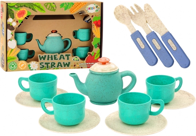 Set Geschirr mit Tassen, Teller, Besteck und Kanne 22 Stk