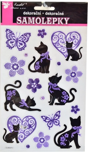 Sticker Katzen schwarz‑violett mit Ziersteinchen (Bogen 14 × 21 cm)