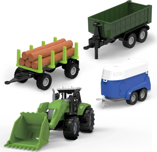 FARM SERVICE Set: Traktor mit Lader, Pritschenwagen und Anhänger mit Licht und Sound