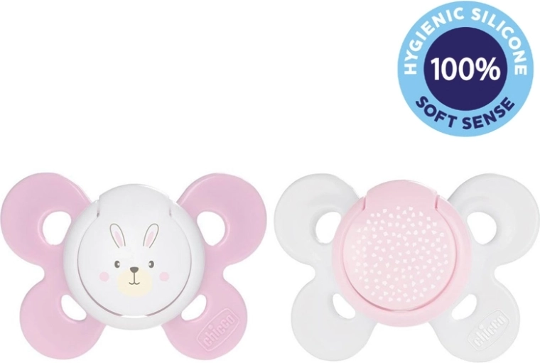 Chicco Schnuller Physio Comfort Silikon 2–6 Monate, Mädchendesign Häschen/Punkte, 2 Stk.