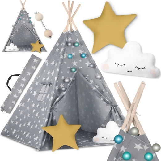 Kinder-Tipi mit Lichterkette NUKIDO – grau mit Sternchen