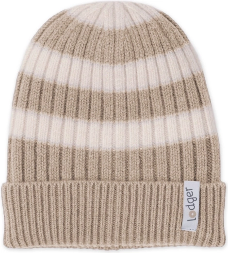 Lodger gestrickte Merino-Mütze Stripe beige (0–3 Monate)