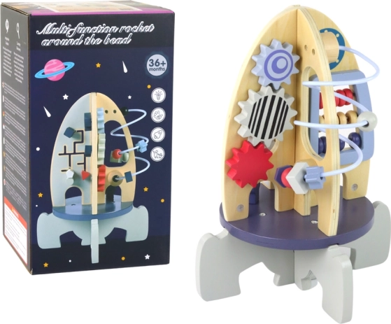 Holz-Lernrakete mit Perlenlabyrinth und Zahnrädern