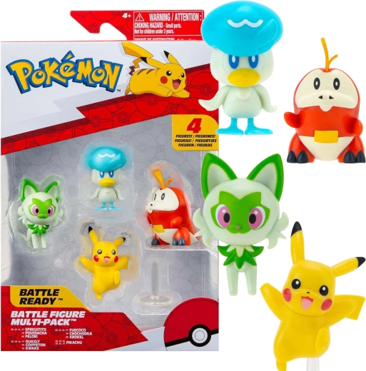 Outlet Pokémon Battle Set mit 4 Figuren: Pikachu, Krokorok, Sprigatito und Quaxly, 5 cm – 4 Stück