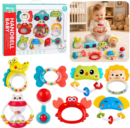 Set aus Baby-Rasseln und Beißringen, 9 Stk. – bunt mit beweglichen Elementen