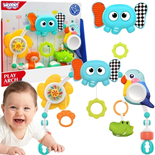 Woopie baby Sensorik-Spielbogen mit Spielzeug für Babybett und Kinderwagen – Elefant und Papagei