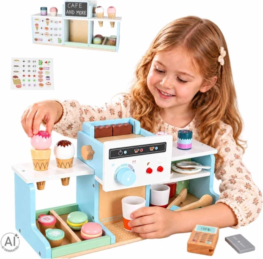 Holz-Kindercafé und Konditorei mit Kaffeemaschine und Eis