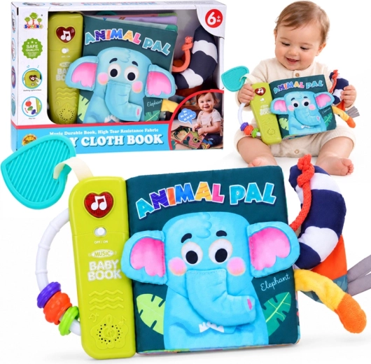 Interaktives Stoff-Sensomotorikbuch für Babys Elefant mit Geräuschen, Melodien und Beißring – 1 Stück