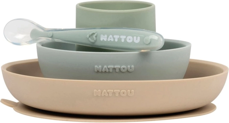 Nattou Silikon-Essgeschirr-Set, 4-tlg., sandgrün, BPA-frei