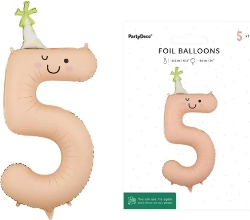 Folienballon Zahl 5 pfirsichfarben mit Gesicht 86 cm