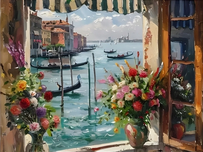 Norimpex Malen nach Zahlen Fenster mit Blick auf den venezianischen Hafen 40 × 50 cm