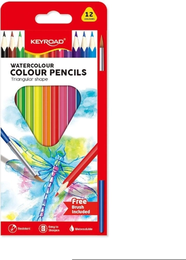 Aquarell-Buntstifte KEYROAD, dreikantig, 12 Farben mit Pinsel
