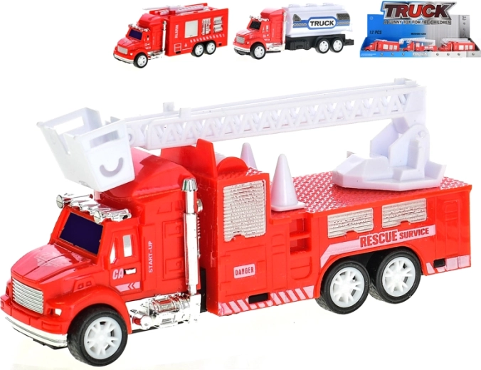 Plastik-Feuerwehrautos mit Schwungrad 12,5 cm – Leiter, Tankwagen und Spritze