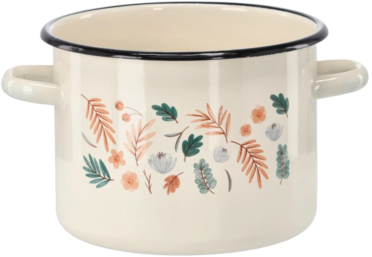 Emaillierter Topf 4,5 l, 20 cm, cremefarben mit Blattmotiv