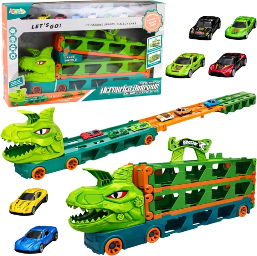 Dinosaurier-Lastwagen mit Autos 4-in-1 – Transporter, Rennstrecke und Abschussvorrichtung, 2,1 m