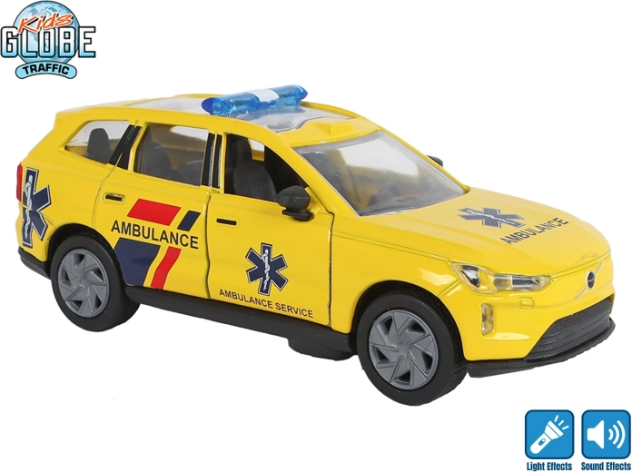 Kids Globe Traffic Metall-Krankenwagen Volvo EX90 mit Rückziehantrieb, Licht und Sound 13,5 cm