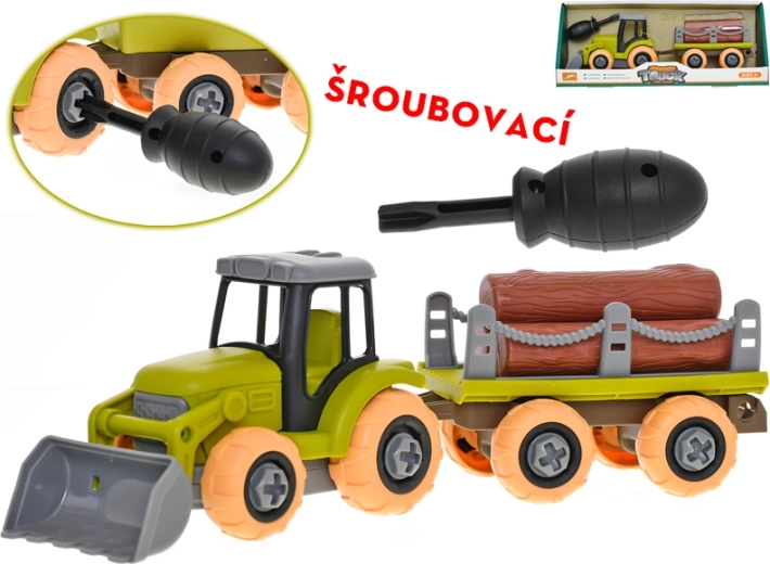 Schraub-Traktor mit Anhänger und Holzstämmen 28 cm