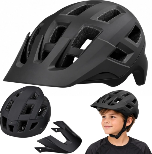 Schwarzer MTB-Fahrradhelm mit verstellbarer Passform und abnehmbarem Visier