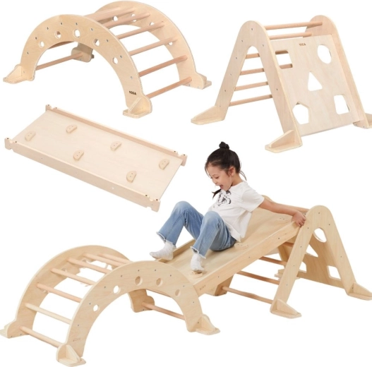 VIGA Montessori Indoor-Spielplatz 3-in-1: Pikler-Dreieck, Schaukel und zweiseitige Rutsche