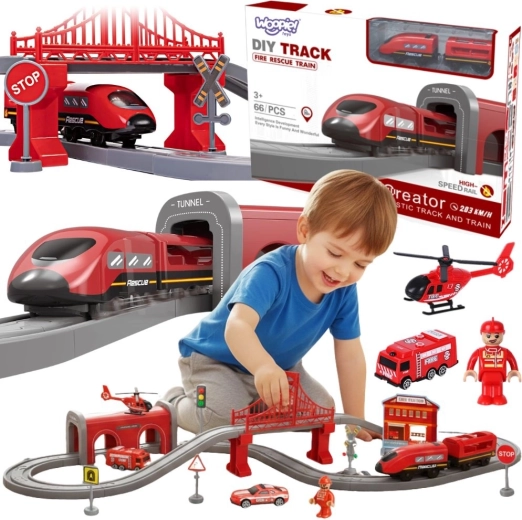 Elektrische Eisenbahn Feuerwehr von Woopie mit Geräuschen, 66 Teile