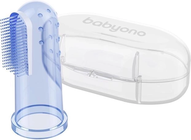 BabyOno Silikon-Fingerzahnbürste mit Etui, blau