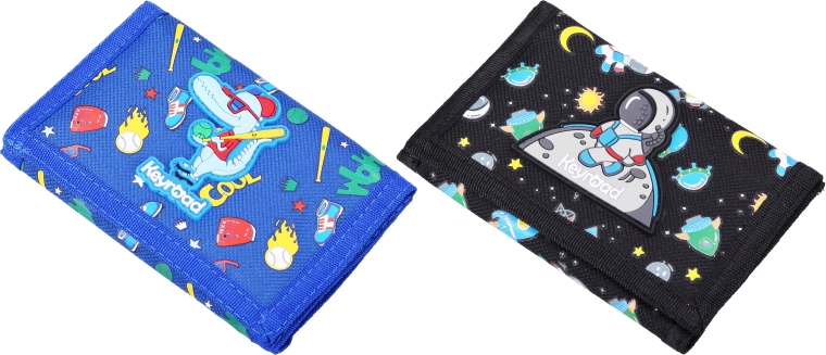 Stoffgeldbörse mit Klettverschluss, 12,5 × 8 cm, 2 Motive (Dinosaurier / Astronaut)