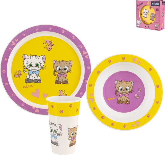 Kinder-Geschirrset aus UH-Kunststoff „Kätzchen“, rund, 3-tlg.