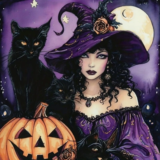 Diamantmalerei Hexe mit schwarzer Katze und Kürbis 30 × 40 cm