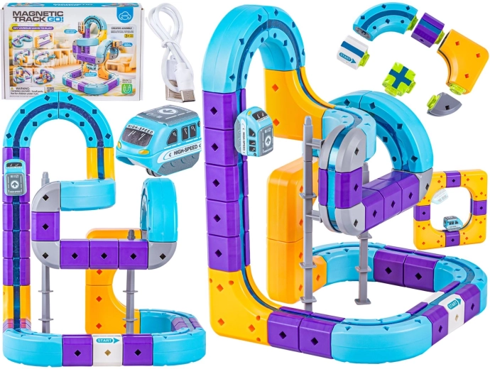 Magnetische Bahn mit Abfahrt und Zug – Konstruktionsbaukasten 54 Teile