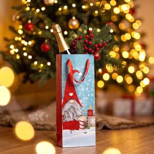 Weihnachtliche Geschenktüte mit Wichtelmotiv und Glitzer - 1 Stück