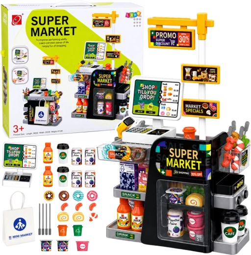 Kinder-Supermarkt mit Kasse, Scanner und Getränkespender (65 Teile)
