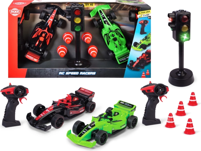 Dickie RC Speed Racers – Set aus zwei ferngesteuerten Rennwagen mit Lichtsignal und Verkehrshütchen