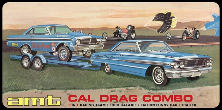 AMT Kunststoffmodell 3-in-1 Cal Drag Combo 1964 Galaxie, AWB Falcon und Anhänger 1:25 - 1 Stück